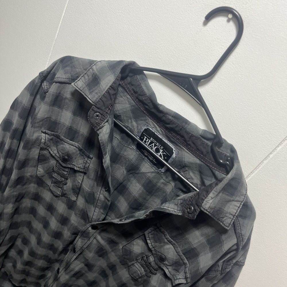 Mens Buckle Black Plaid Athletic Fit Shirt Snap Closure Size Large - Picture 4 of 7